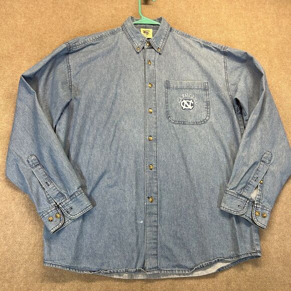 UNC Tar Heels Denim Shirt Men's XL Blue Long Sleeve Button Down Joe College - Picture 1 of 13